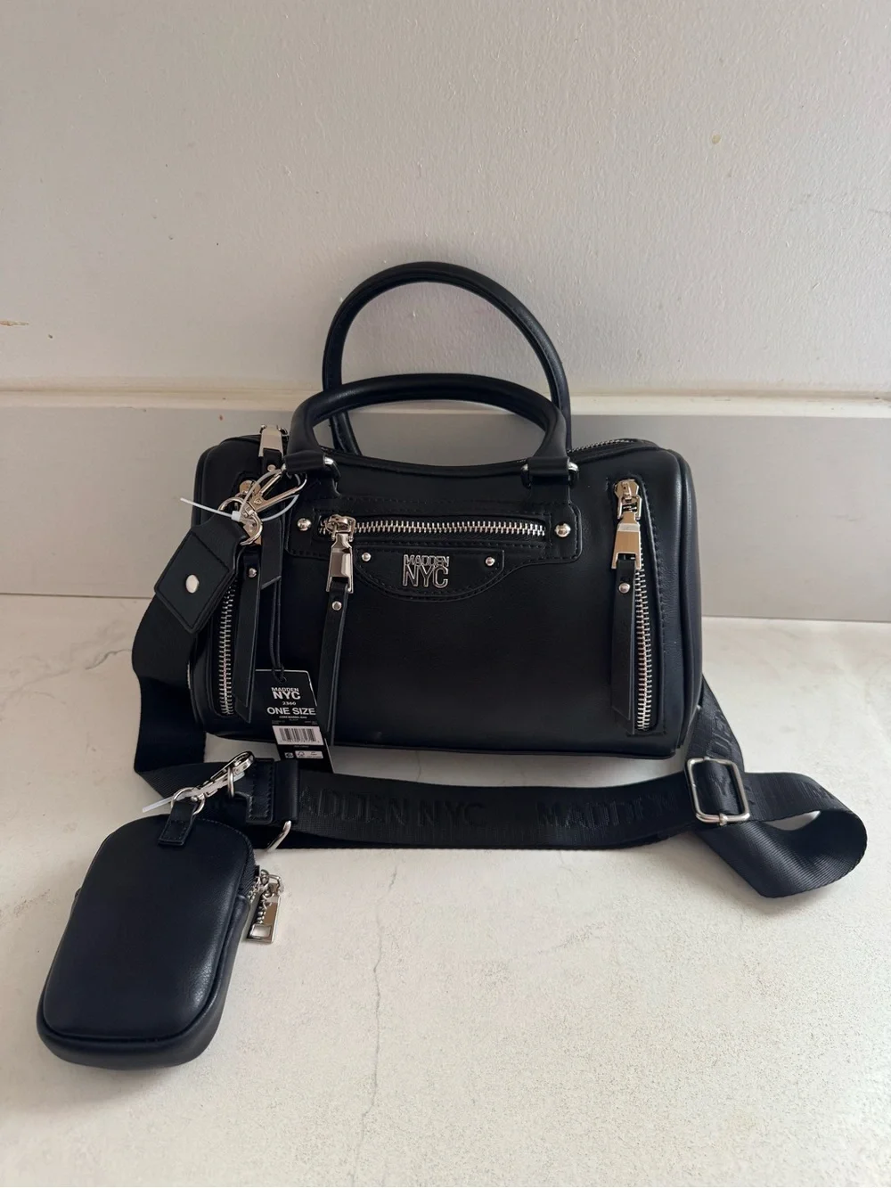 NWT- core barrel Madden NYC Black Satchel with Wide Logo Strap.
